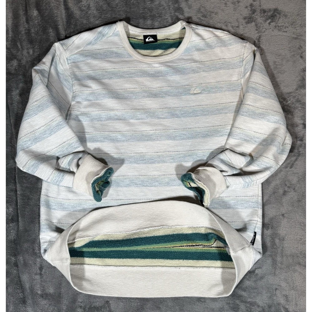Quiksilver Sweatshirt Mens Medium White Blue Striped Fleece Crewneck Pullover